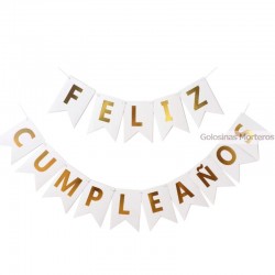 Banderín "Feliz Cumple" blanco c/cinta