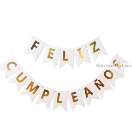 Banderín "Feliz Cumple" blanco c/cinta